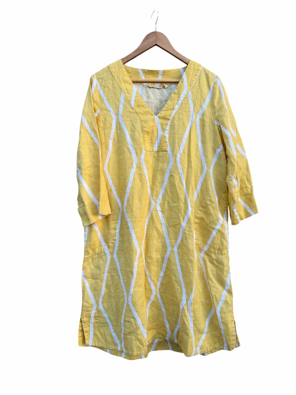 Soft Surroundings Yellow Linen Tunic Dress with White Wave Stripes size large